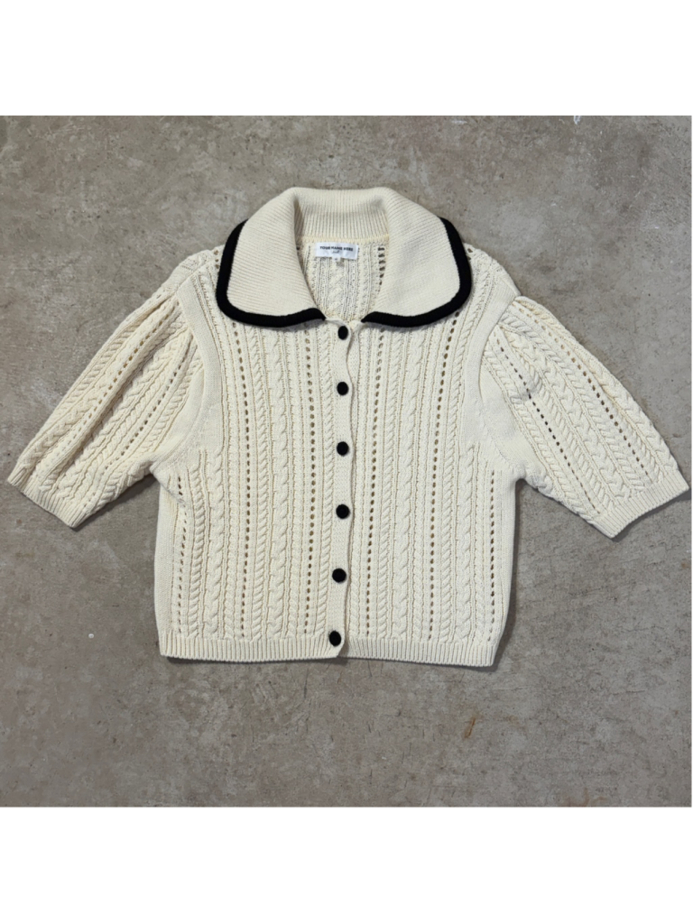 YOUR NAME HERE Cream Cable Knit Cardigan Short Sleeve Peter Pan Collar Medium